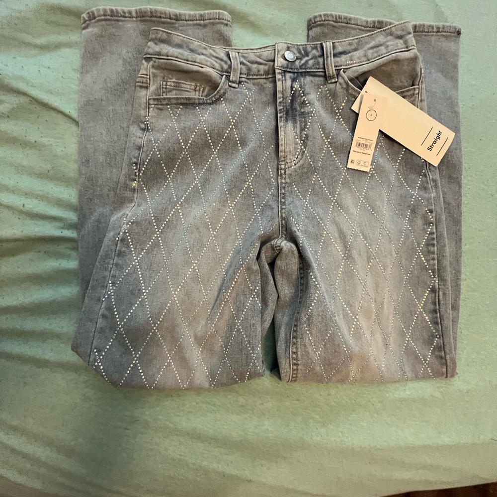 No Boundaries light blue Straight Leg Jeans with diamond pattern rhinestone sz 2